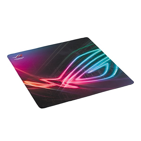 Rechteckiges Mauspad mit farbigen Neon-Design. ROG-Logo oben links.