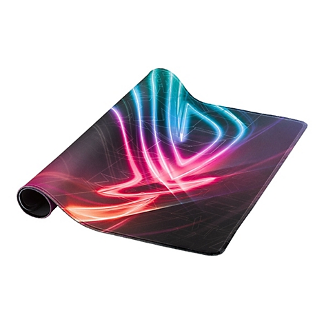 Ein Gaming-Mauspad mit leuchtendem ROG-Logo, das aufgerollt präsentiert wird. Farben: Blau, Pink, Rot auf dunklem Hintergrund.