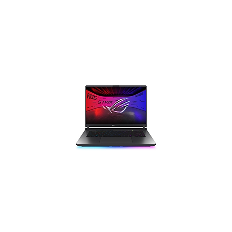 Schwarzer Laptop, Logo ROG Strix, beleuchtete Tastatur, weißer Hintergrund.
