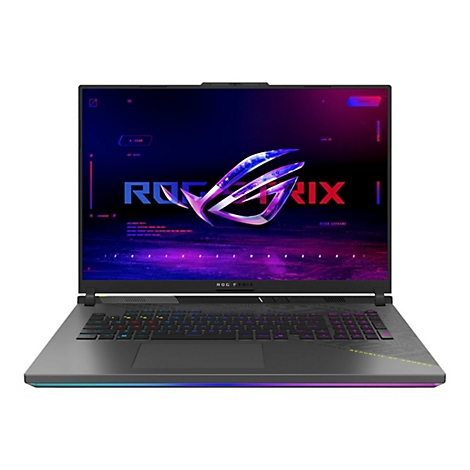 Schwarzer Laptop, ROG Strix, mit farbig beleuchteter Tastatur, ROG Logo auf dem Bildschirm. Der Bildschirm zeigt ein futuristisches Design.