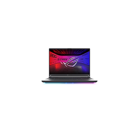 Dunkelgraues ROG Strix Laptop, geöffnet, Bildschirm zeigt Logo. RGB-Beleuchtung unterhalb der Vorderkante.