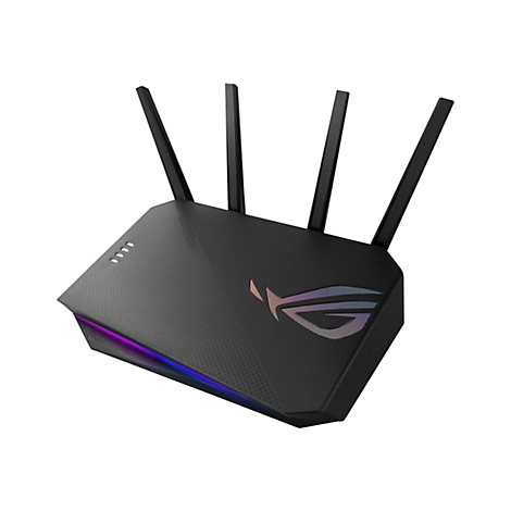 Schwarzer Asus ROG Gaming-Router mit vier Antennen und leuchtendem RGB-Logo vor weißem Hintergrund.