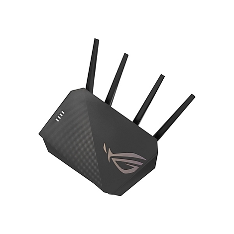 Schwarzer Asus ROG Strix Gaming-Router mit vier Antennen, punktierter Oberfläche und leuchtendem ROG-Logo.
