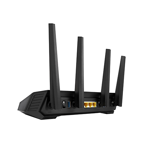Schwarzer Gaming-Router von hinten mit vier Antennen und gelben LAN-Anschlüssen vor weißem Hintergrund.