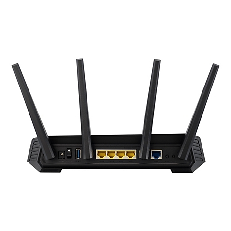 Rückseite eines schwarzen Routers mit vier Antennen, LAN-Ports, USB-Anschluss und Stromanschluss.