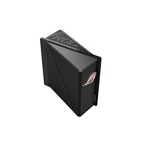 Ein schwarzer Computer Tower, perspektivisch von oben fotografiert, vor weißem Hintergrund. Mit ROG Logo und Schriftzügen.