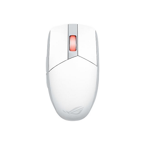 Draufsicht einer weißen Gaming-Maus. Mittig ein leuchtender, roter Streifen. Darunter das ROG-Logo.