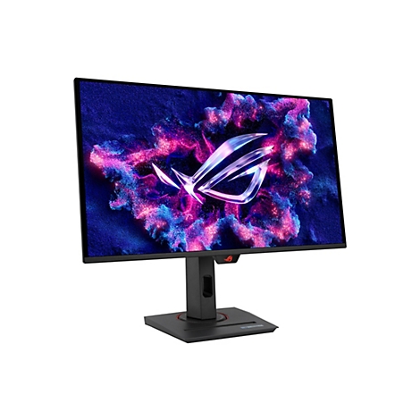 Ein schwarzer Gaming-Monitor mit dem ROG-Logo, der Bildschirm zeigt ein abstraktes, farbenfrohes Muster.
