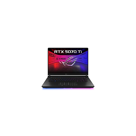 Schwarzer Laptop, RTX 5070 Ti Display, ROG Strix Logo, farbige Tastaturbeleuchtung.