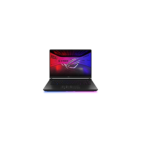 Schwarzes ROG Strix Gaming-Laptop, Bildschirm zeigt Logo und Schriftzüge. Farblich beleuchtete Tastatur.