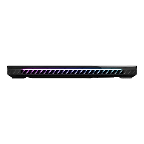 Detailansicht eines schwarzen Laptops mit beleuchteten Lüftungsschlitzen. Die Beleuchtung verläuft von Lila zu Blau.