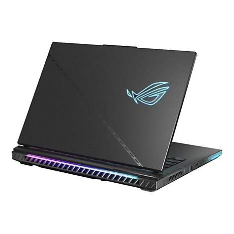 Schwarzer Laptop, teilweise geöffnet, mit beleuchtetem Logo. Die Unterseite und die Seiten sind mit farbigen Lichtern versehen.