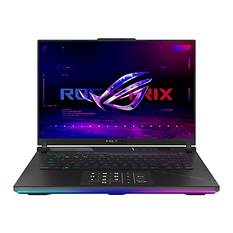 Schwarzer Laptop mit ROG Strix-Logo und farbiger Hintergrundbeleuchtung der Tastatur und Basis.