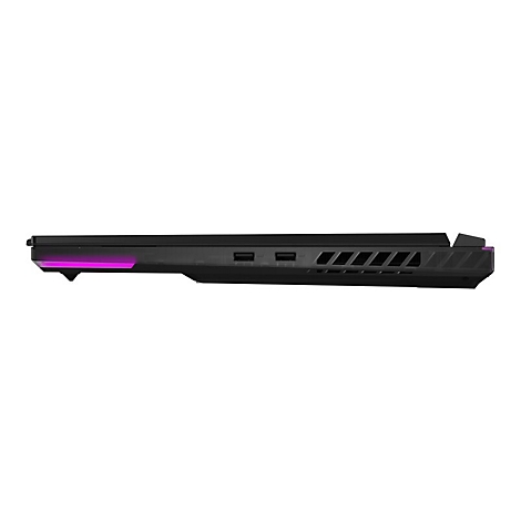 Schwarzer Laptop, Seitenansicht, mit pinkfarbener Leiste und Lüftungsschlitzen.