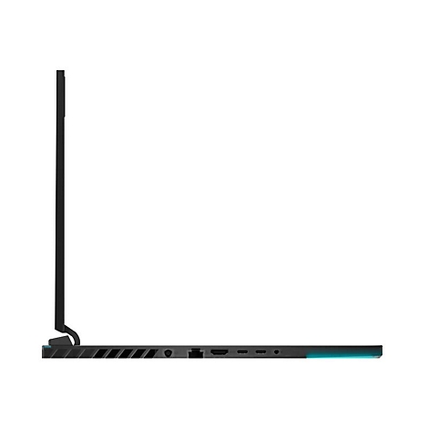 Schwarzer Laptop von der Seite, Display geöffnet. Die Unterseite hat Anschlüsse, ein leuchtendes Element.