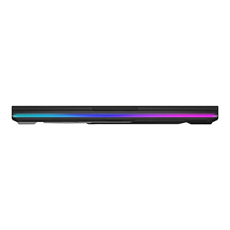 Dunkles Laptop-Detail. Farbig beleuchtete Kante, von blau nach pink verlaufend.