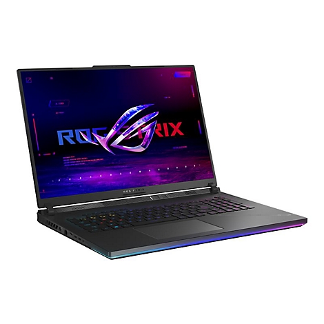 Schwarzer Laptop mit farbig beleuchteter Tastatur und ROG Strix Logo auf dem Display.