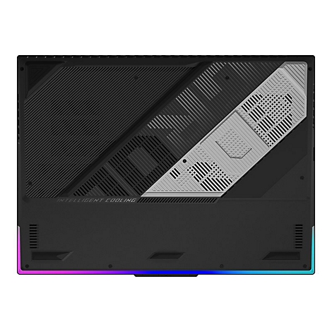 Schwarzer Laptopboden mit Lüftungsschlitzen und RGB-Beleuchtung. Aufschrift 'INTELLIGENT COOLING'.