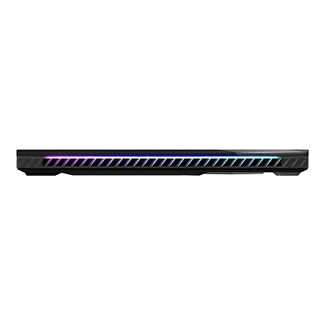 Schwarzes Laptop-Detail, mit LED-Leiste, die in verschiedenen Farben leuchtet.