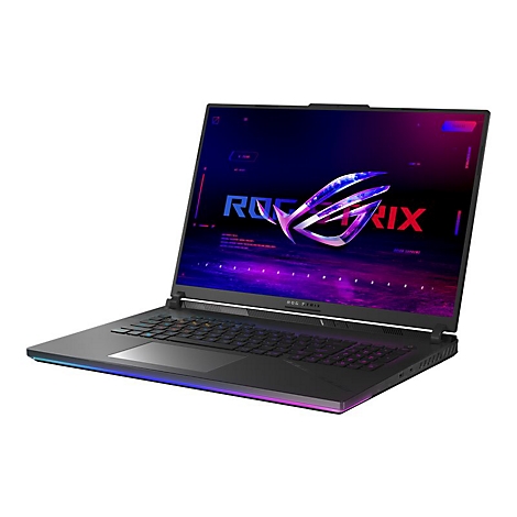 Schwarzer Laptop mit dem ROG Strix Logo auf dem Bildschirm. Die Tastatur und die Kanten leuchten farbig.