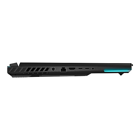 Schwarzes Laptop von der Seite gesehen, mit Lüftungsschlitzen, Anschlüssen und einem beleuchteten Rand.