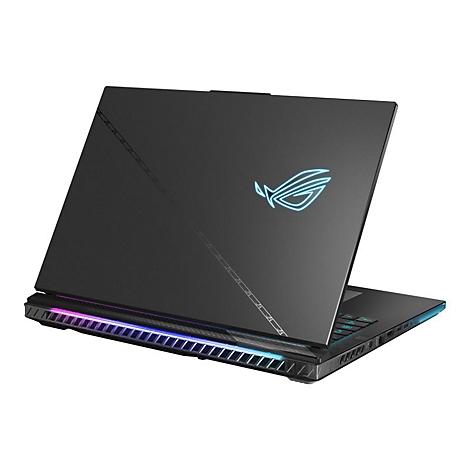 Schwarzes Laptop mit leuchtendem ROG-Logo und farbiger Beleuchtung an der Unterseite.
