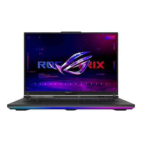 Schwarzer Laptop mit bunten Lichteffekten, Display mit ROG STRIX Logo. Tastatur, Anschlüsse, Displayrahmen erkennbar.