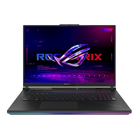 Schwarzer Gaming-Laptop mit beleuchteter Tastatur. ROG Strix-Logo auf dem Display. Neonfarbene Akzente am Gehäuse.