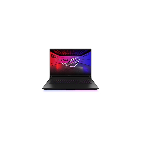 Schwarzer Laptop, ROG Strix-Logo auf dem Bildschirm, Hintergrund in Rot und Blau.