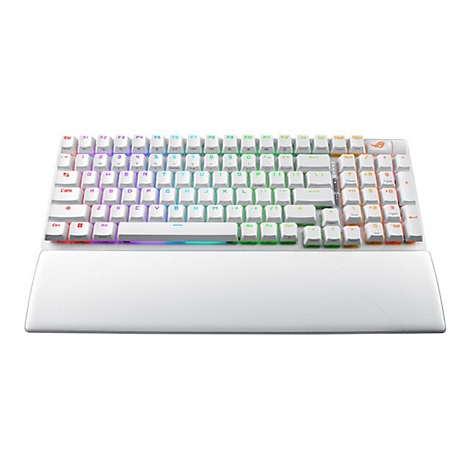 Weisse Gaming-Tastatur mit RGB-Beleuchtung und Handgelenkauflage. Auf der rechten Seite das ROG-Logo.