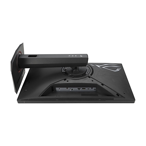 Rückansicht eines schwarzen Gaming-Monitors. Es sind Anschlüsse, das ROG-Logo und die ROG-Schriftzüge zu sehen.
