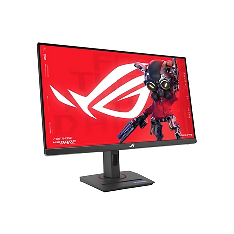 Monitor mit ROG-Logo und einem Roboter-Charakter auf rotem Hintergrund. Schwarzer Rahmen, schwarzer Standfuß.
