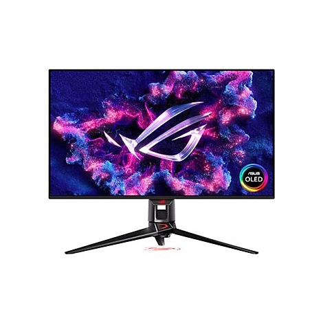 Moniteur noir avec logo ASUS OLED, sur un support trépied. Un motif coloré est visible sur l'écran.