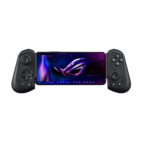 Schwarzer Controller mit einem Mobiltelefon in der Mitte, auf dem ein Logo angezeigt wird. Auf dem Bildschirm steht „FOR THOSE WHO DARE“.