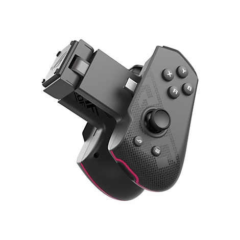 Schwarzer Gamecontroller mit roten Akzenten und weißen Knöpfen. Das ROG-Logo ist sichtbar.