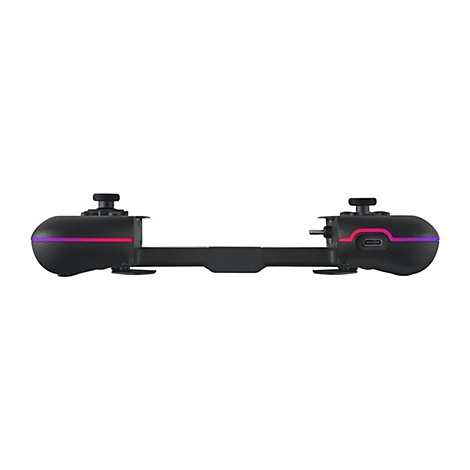 Schwarzer Gamecontroller mit farbigen LED-Leuchten. Der Controller hat zwei Griffe mit Joysticks und Tasten.