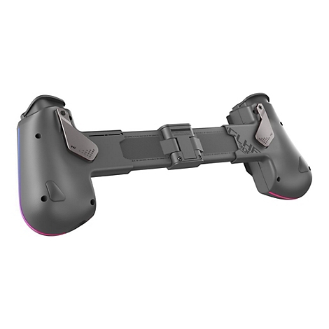 Grauer Gamecontroller mit seitlichen Knöpfen, einem roten und violetten Lichteffekt an den Seiten.