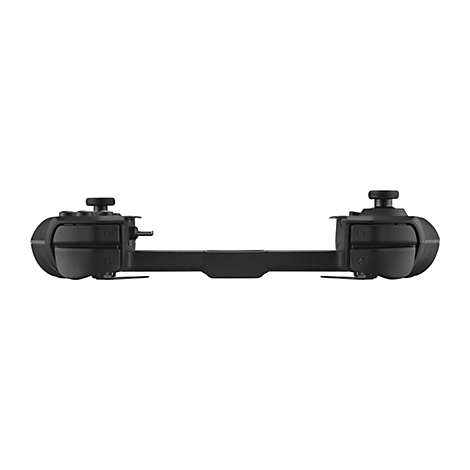 Schwarzer Gamecontroller, aus zwei Seiten bestehend, mit Knöpfen und Joysticks, liegt mittig auf weißem Hintergrund.