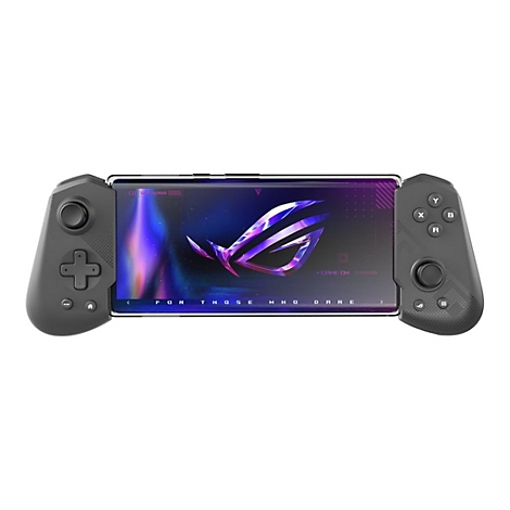 Ein schwarzes Gaming-Handheld-Gerät mit Bildschirm, der das ROG-Logo zeigt. Auf jeder Seite befinden sich Bedienelemente, darunter ein Joystick und Knöpfe.