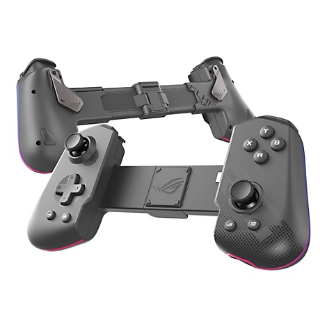 Dunkelgrauer Gamecontroller mit Knöpfen und Joysticks. Auf der rechten Seite sind farbige Akzente zu sehen, und auf dem Controller ist das ROG-Logo.