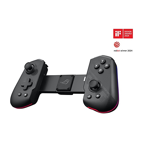 Schwarzer ROG Gaming-Controller für Mobilgeräte mit RGB-Beleuchtung und Award-Logos auf weißem Hintergrund.