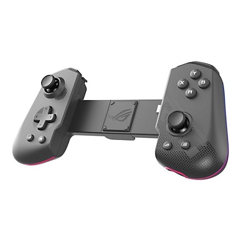 Schwarzer Gamecontroller mit Rog-Logo, Joystick, Knöpfen und pinkem Licht.