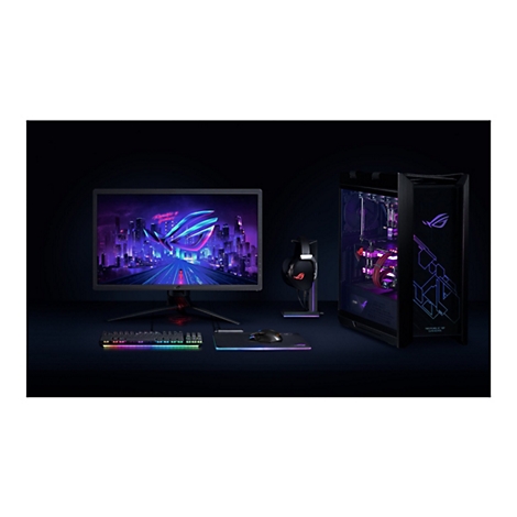 Schwarzer Gaming-PC-Aufbau mit Monitor, Tastatur, Maus und Headset. Auf dem Monitor ist ein Logo mit Stadtbild abgebildet.