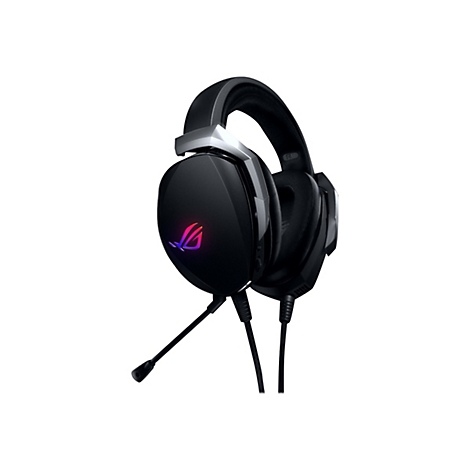 Schwarzes Gaming-Headset mit Mikrofon, ROG-Logo. Details: Ohrmuscheln, BÃ¼gel, Kabel.