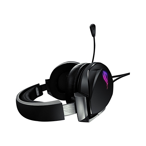 Schwarzes Gaming-Headset, Mikrofon, Ohrmuscheln, Logo. Detailaufnahme vor weiÃŸem Hintergrund.
