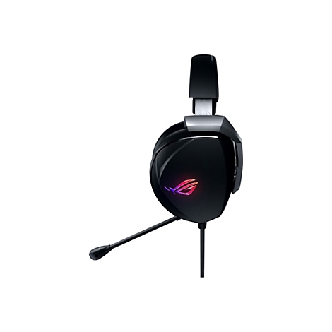 Schwarzes Gaming-Headset mit Mikrofon, Logo. Auf weiÃŸem Hintergrund.