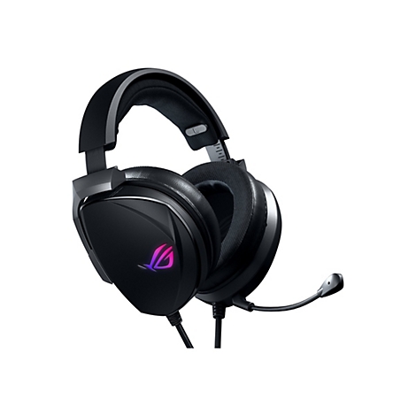 Schwarzes Gaming-Headset mit Mikrofon, ROG-Logo. Das Headset liegt vor weiÃŸem Hintergrund.