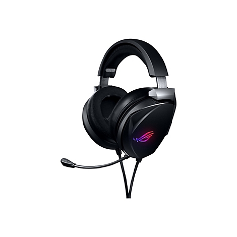 Schwarzes Gaming-Headset mit Mikrofon. ROG-Logo auf dem Ohrmuschel.