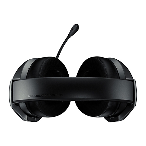 Schwarzes Headset mit Mikrofon, nah und von hinten betrachtet. Auf dem BÃ¼gel steht Republic of Gamers.