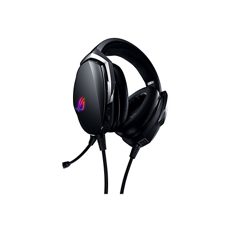 Schwarzes Gaming-Headset mit Mikrofon vor weiÃŸem Hintergrund. Auf der Ohrmuschel befindet sich ein mehrfarbiges Logo.